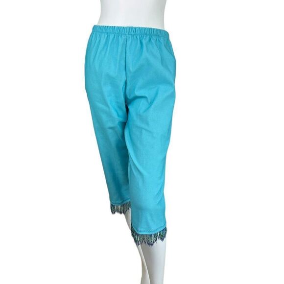 NEW Pat Dahnke Turquoise Blue Capris with Fringed Hem Beading, Size Small - Picture 6 of 10